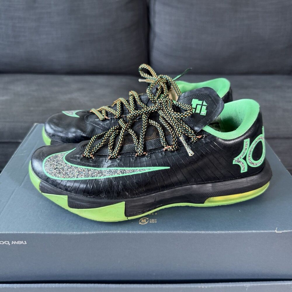 Nike KD 6 Night Vision Black Green Leather Basketball Shoes Men's Size 7.5